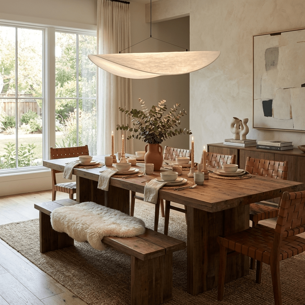 Tense silk pendant light in a neutral living room