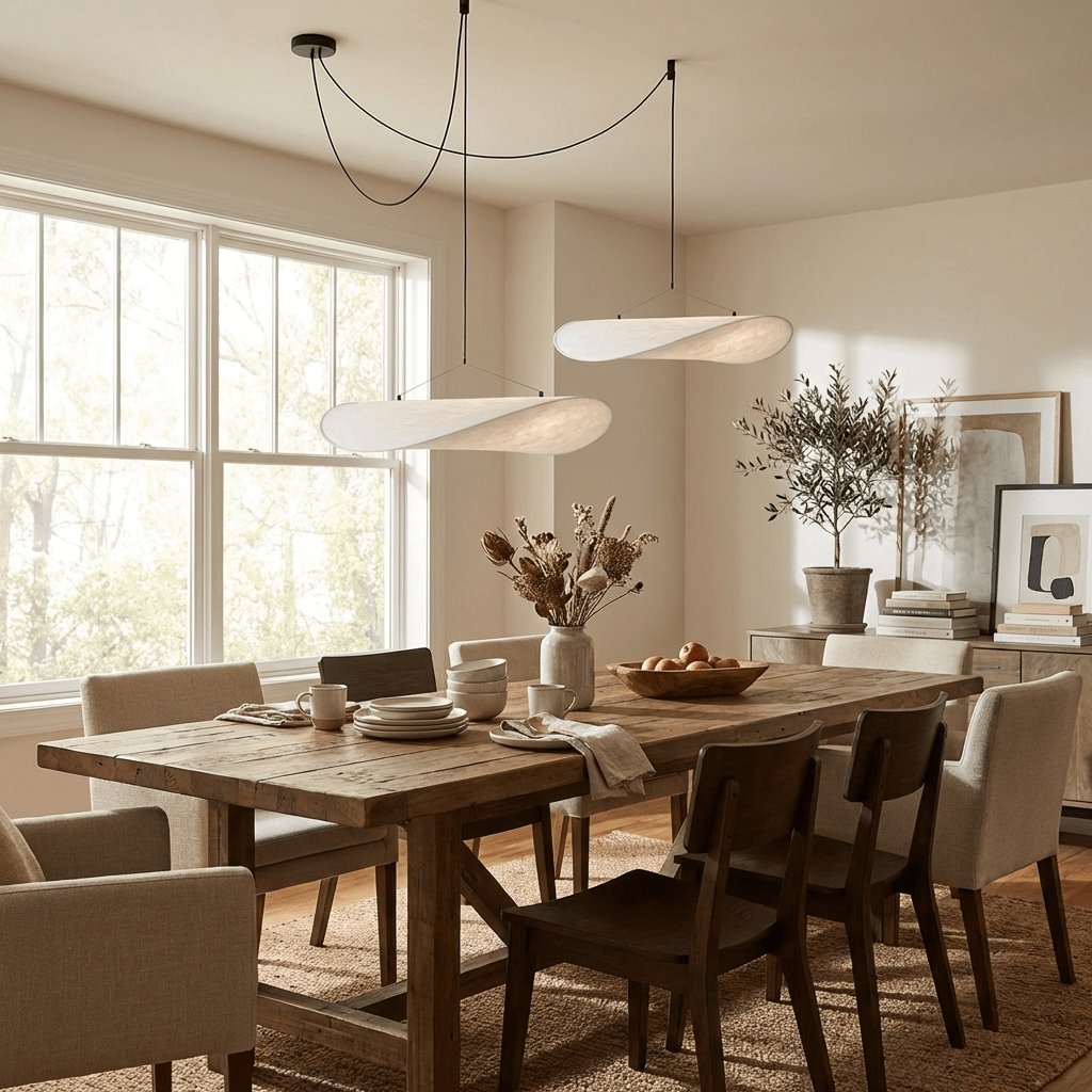 Tense white pendant light above a round dining table