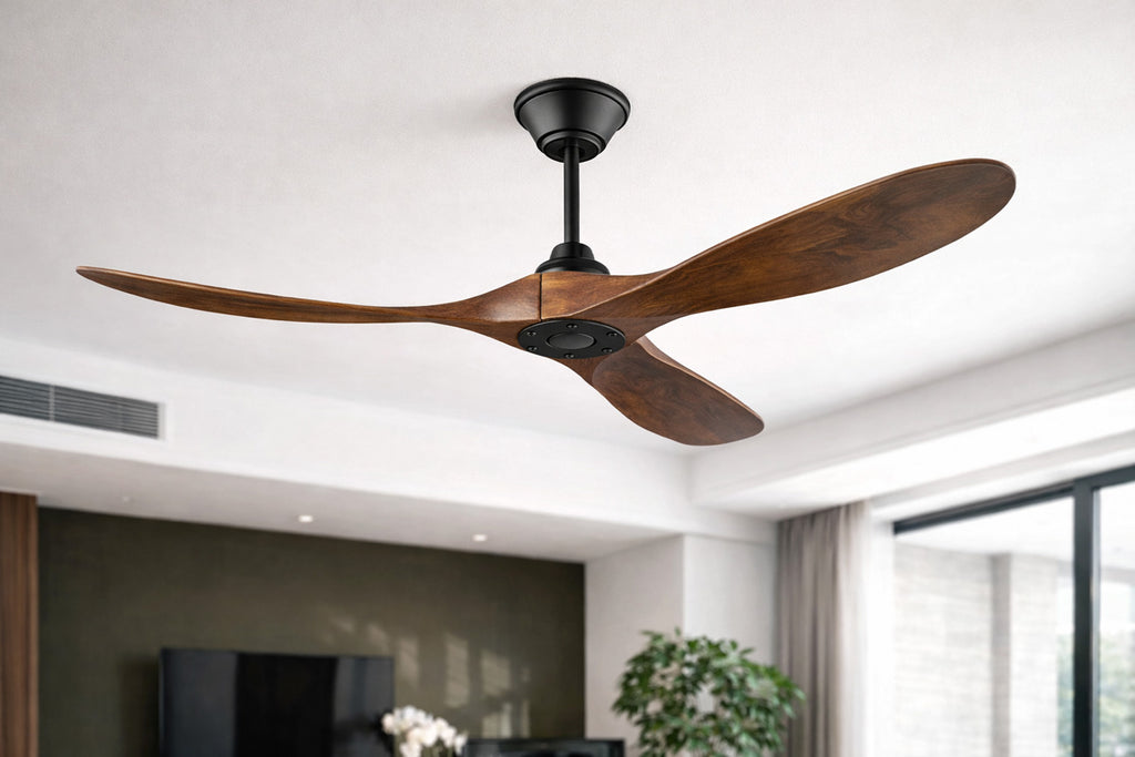 Banksia three-blade ceiling fan in dark timber-look finish, installed ceiling view