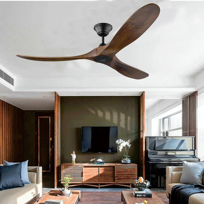 Banksia DC ceiling fan in dark timber-look finish above a living room