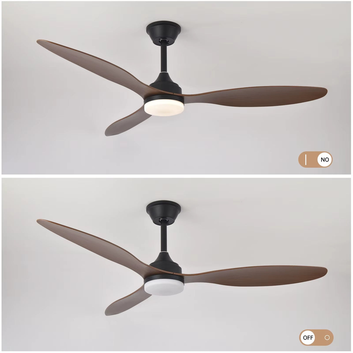 Chinook black and dark timber-look ceiling fan with LED light on and off