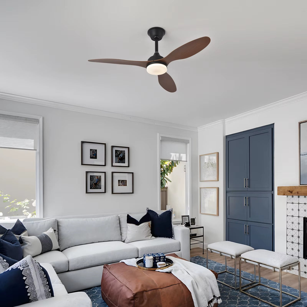 Black and dark timber-look Chinook ceiling fan in a living room