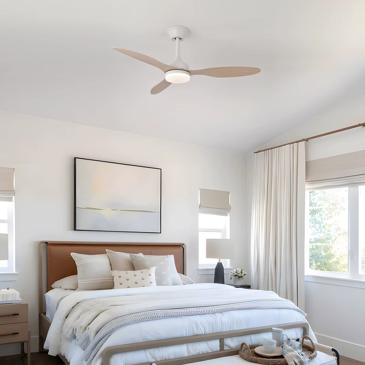 White and natural timber-look Chinook ceiling fan above a bed