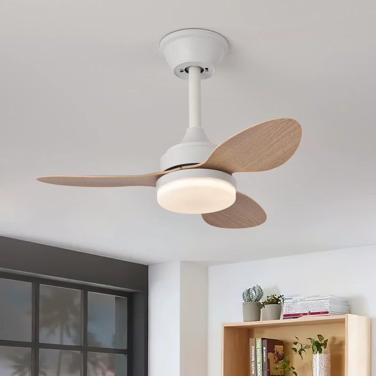 Close-up of the white and natural timber-look Chinook ceiling fan