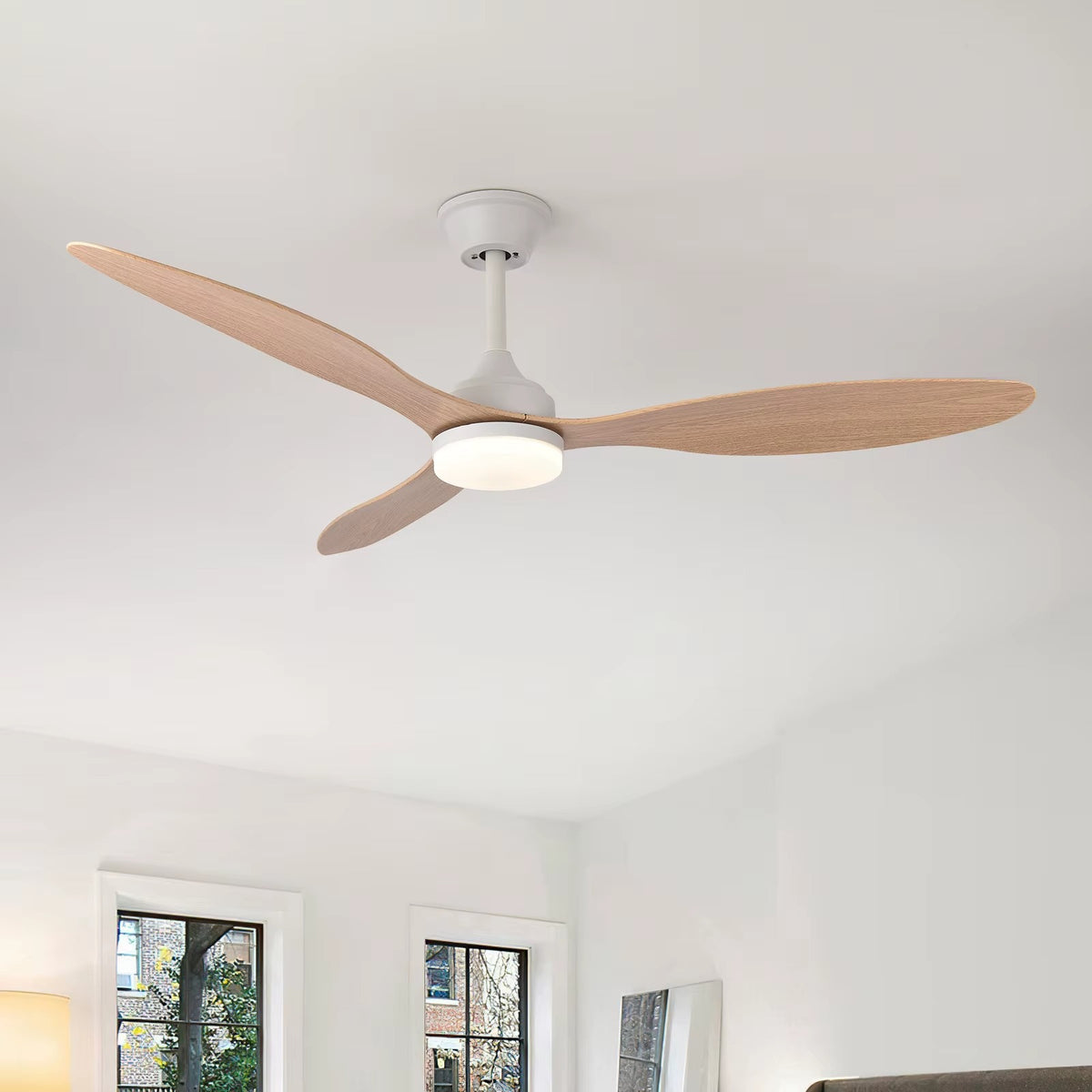 Chinook ceiling fan in white and natural timber look in a bright living room