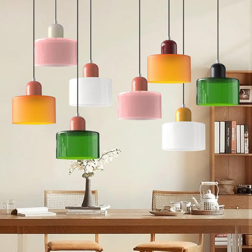 Milo coloured glass pendant lights in orange green white and pink